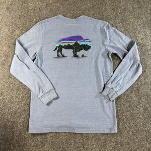 Patagonia Mens Long Sleeve Bison Buffalo Graphic T-Shirt Heather Blue Gray XL